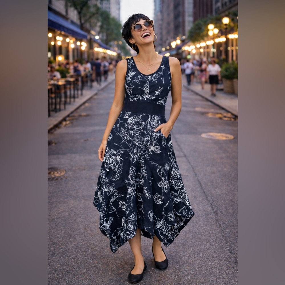 Grace Elements Navy Asymmetrical Floral Dress linen